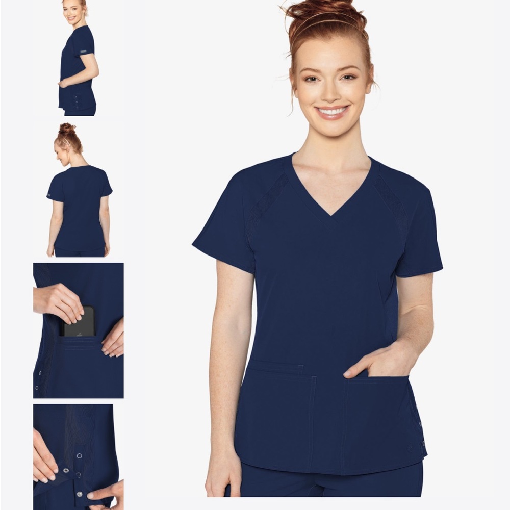 Navy blue scrubs top is a medium pants, petite large jogger, bottoms
